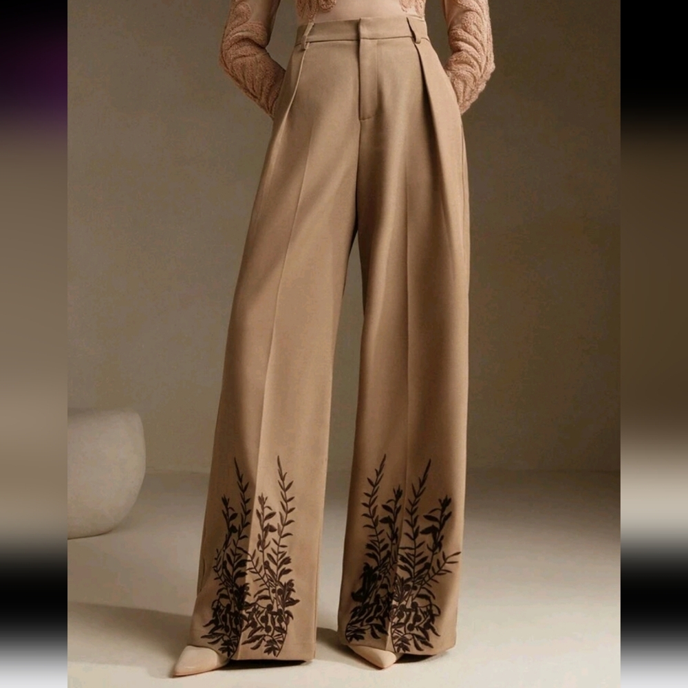 High Waisted Straight Leg Trousers With Floral Embroidery Design, New Year's